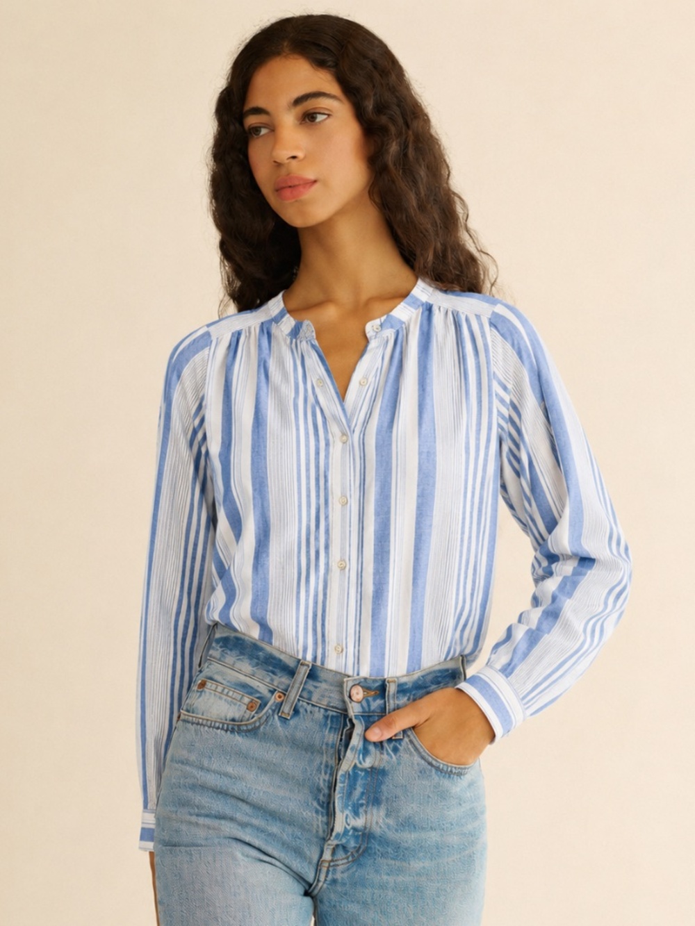 Minimalist Coastal‎ Stripe Long Sleeve Cotton Modal Button Front Relaxed Shirt